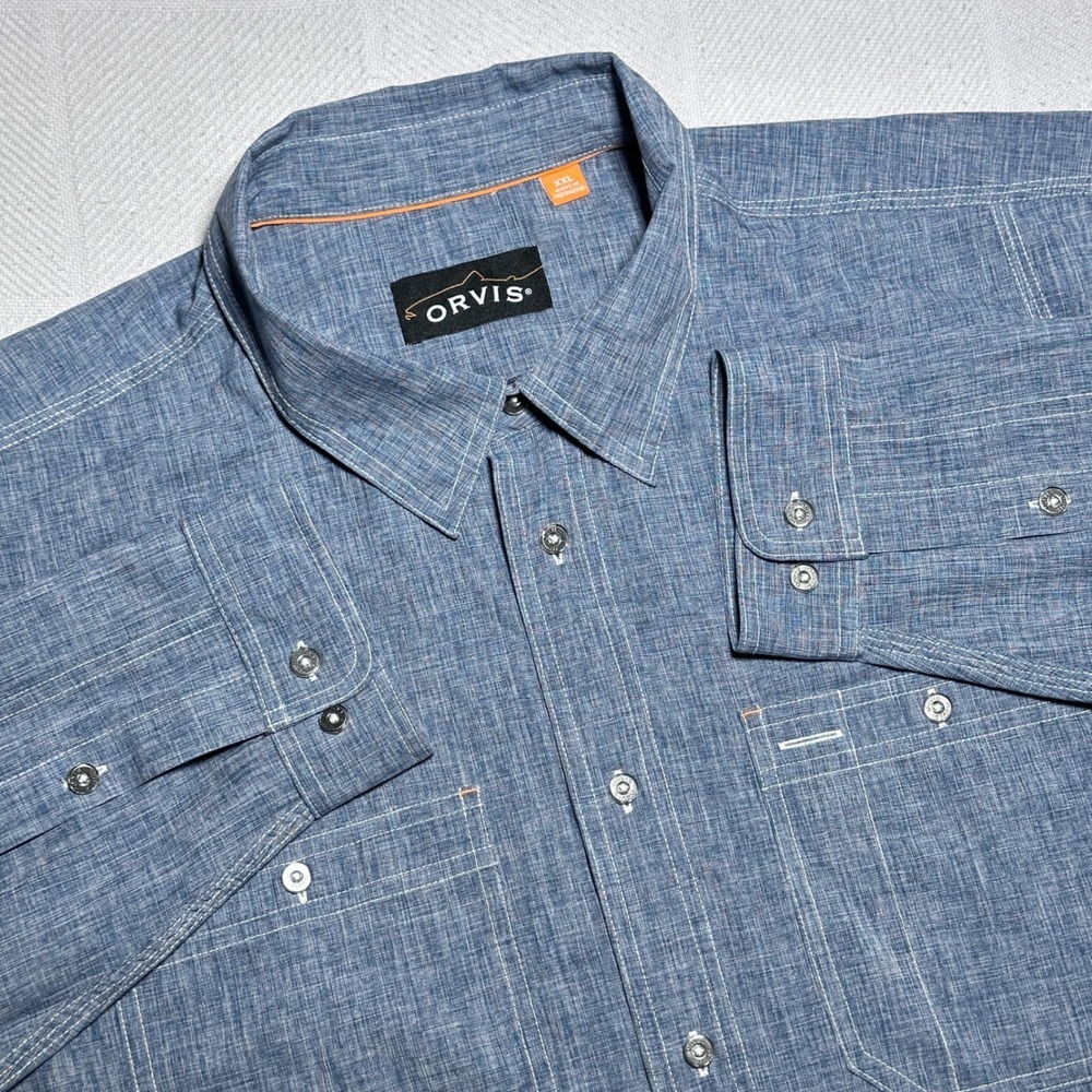 Orvis Trout Bum Tech Chambray Work Shirt 2XL Utility Pocket Stretch Quick Dry